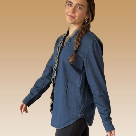 Jaded Gypsy Cutting Edge Button Down Lace Detail Denim Top - Picture 4 of 5